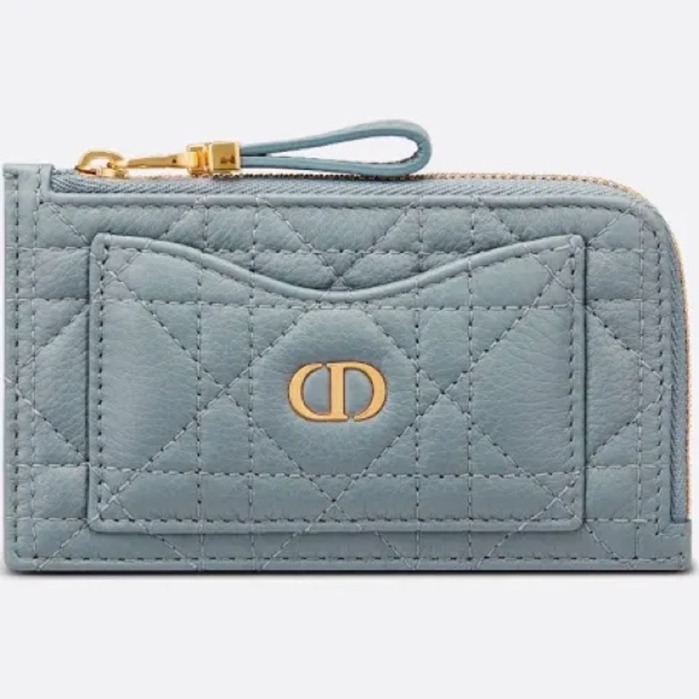 Dior Caro Zipped Card Holder Steel-Blue Calfskin